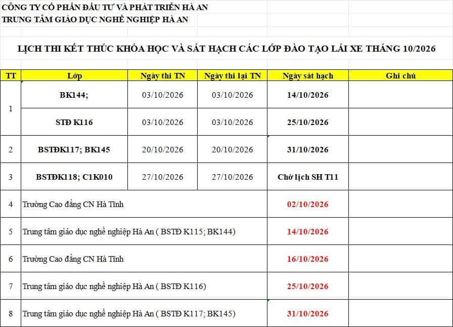 Lịch thi cập nhật ngày 29/09/2026